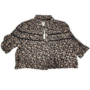 Maeve The Leandra Shirred Yoke Blouse Floral Anthropologie Navy Blue/Pink Small